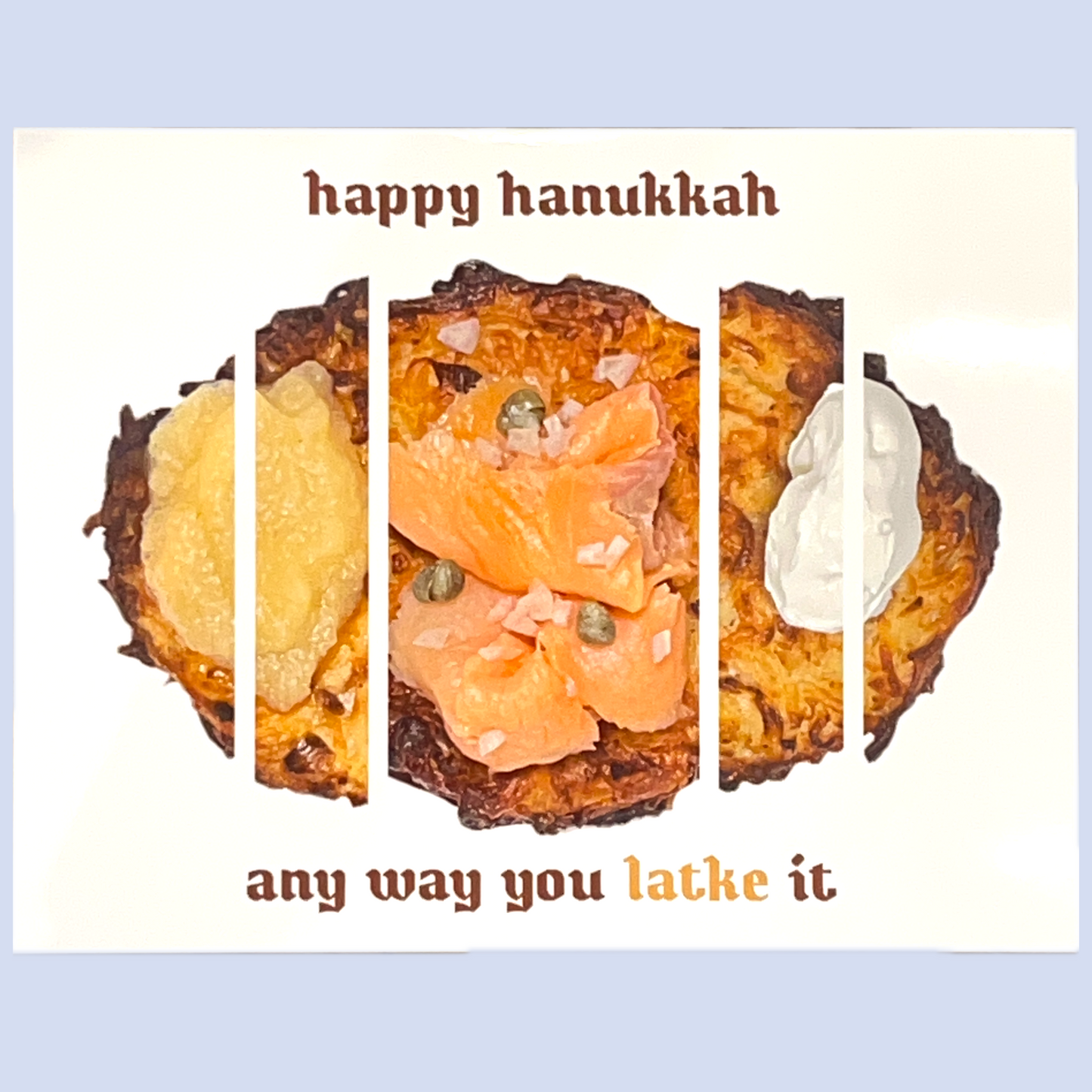 Triptych of latkes with different toppings on a white background, featuring 'Happy Hanukkah' text.