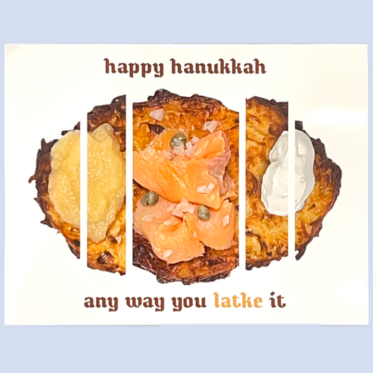 Triptych of latkes with different toppings on a white background, featuring 'Happy Hanukkah' text.